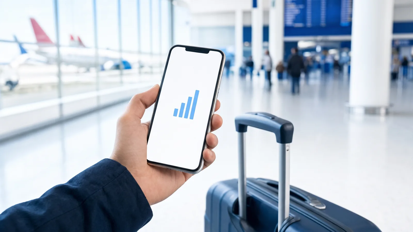 Traveller with an eSIM already connected in an airport arrivals hall