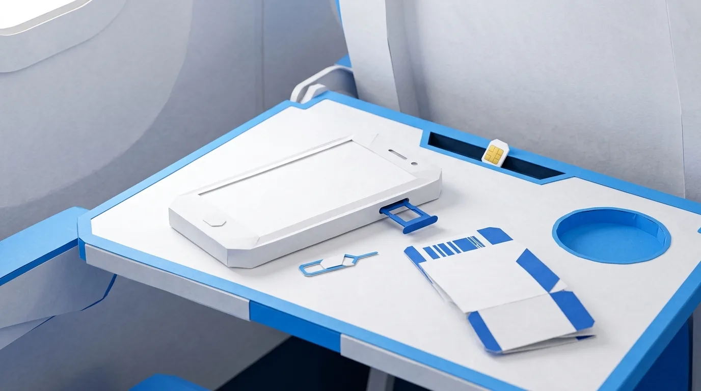 Physical SIM card slipping into a plane tray table gap during a swap